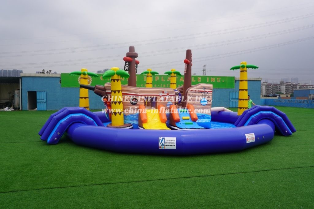 T6-607 Pirate Themed Mobile Water Park Inflatable Pool With Slides For Kids Party Events